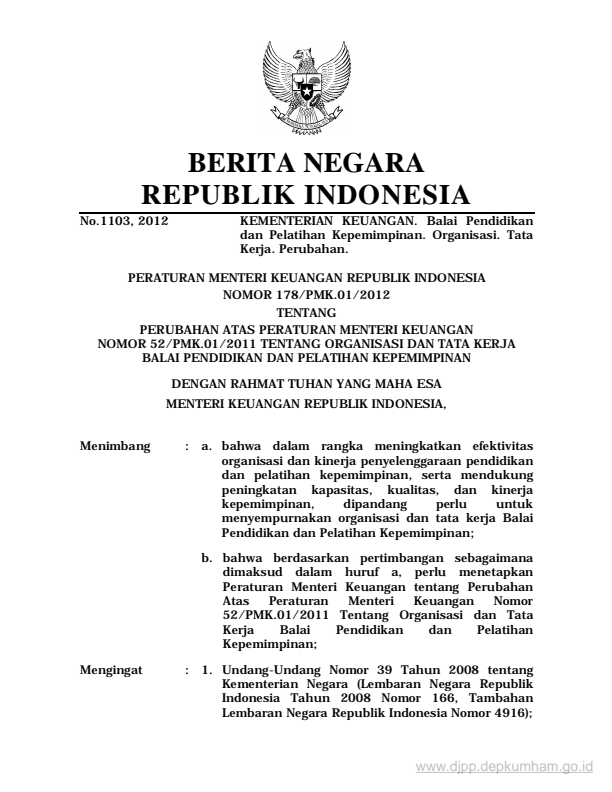 Peraturan Menteri Keuangan Nomor 178/PMK.01/2012