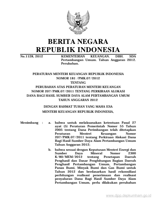 Peraturan Menteri Keuangan Nomor 181/PMK.07/2012