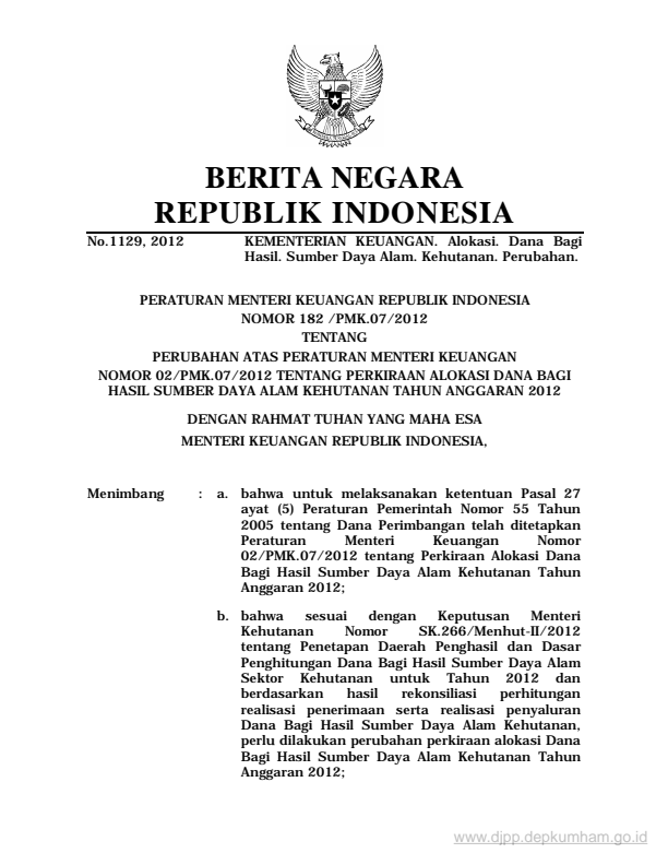 Peraturan Menteri Keuangan Nomor 182/PMK.07/2012