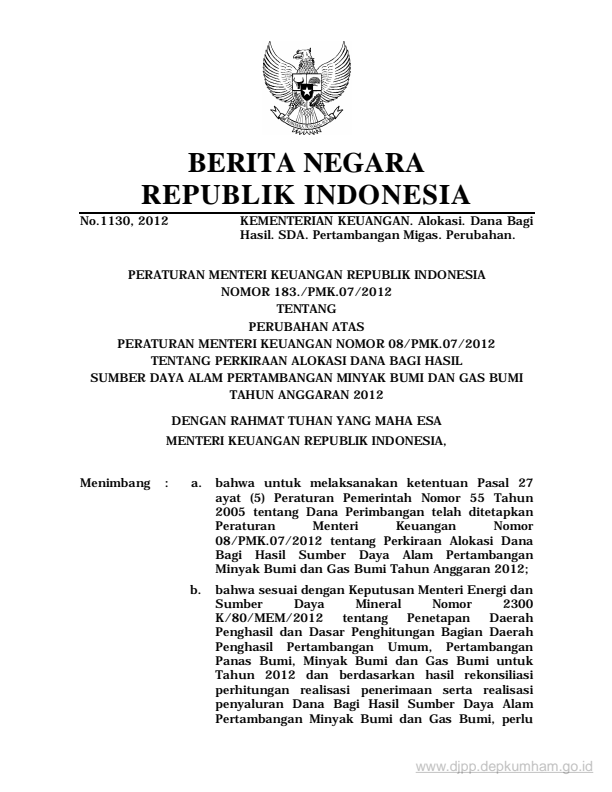 Peraturan Menteri Keuangan Nomor 183/PMK.07/2012