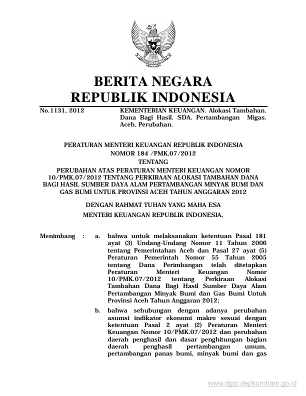 Peraturan Menteri Keuangan Nomor 184/PMK.07/2012