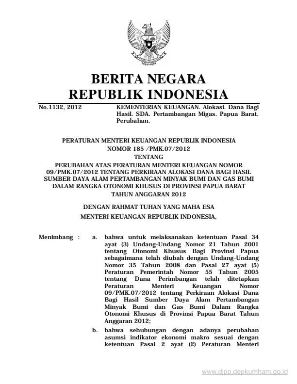 Peraturan Menteri Keuangan Nomor 185/PMK.07/2012