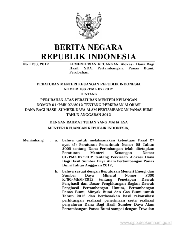 Peraturan Menteri Keuangan Nomor 186/PMK.07/2012