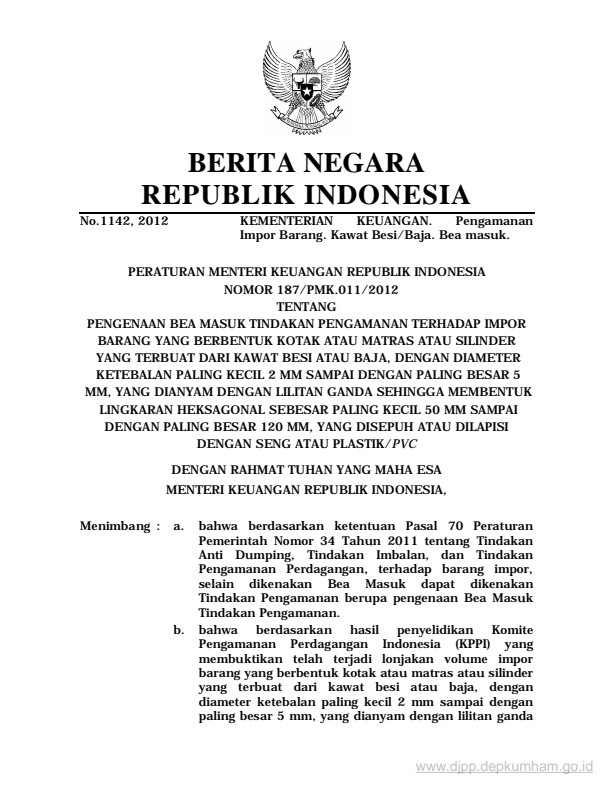 Peraturan Menteri Keuangan Nomor 187/PMK.011/2012