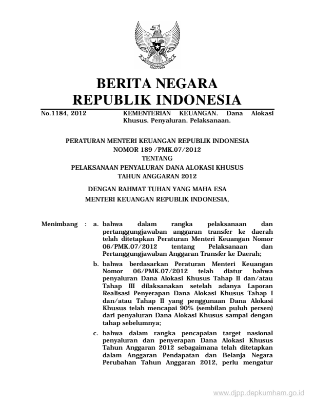 Peraturan Menteri Keuangan Nomor 189/PMK.07/2012