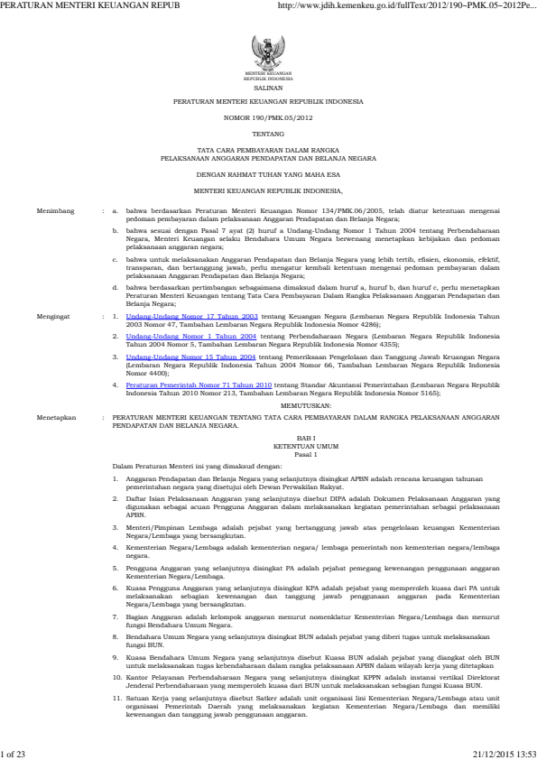 Peraturan Menteri Keuangan Nomor 190/PMK.05/2012