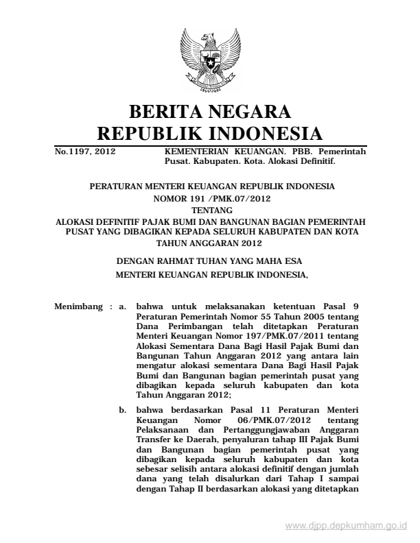 Peraturan Menteri Keuangan Nomor 191/PMK.07/2012