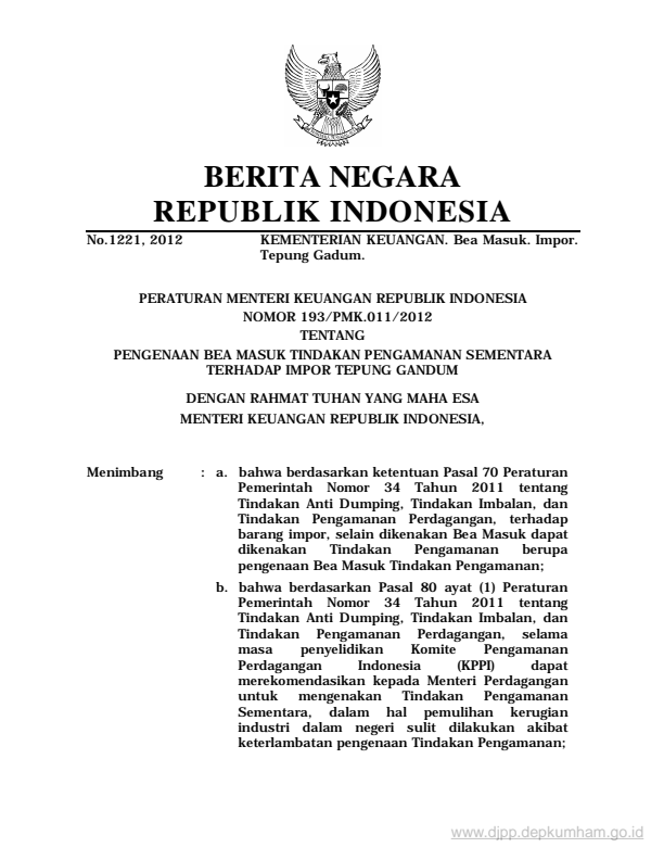 Peraturan Menteri Keuangan Nomor 193/PMK.011/2012