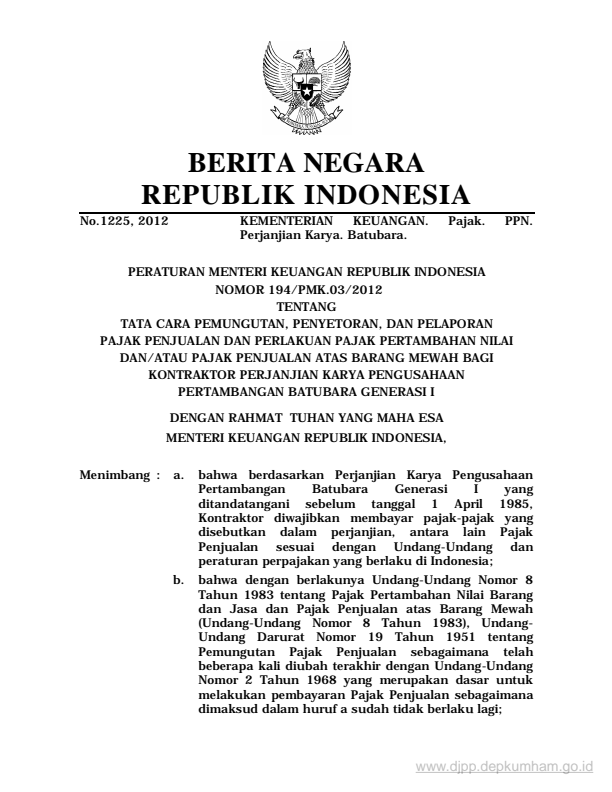 Peraturan Menteri Keuangan Nomor 194/PMK.03/2012