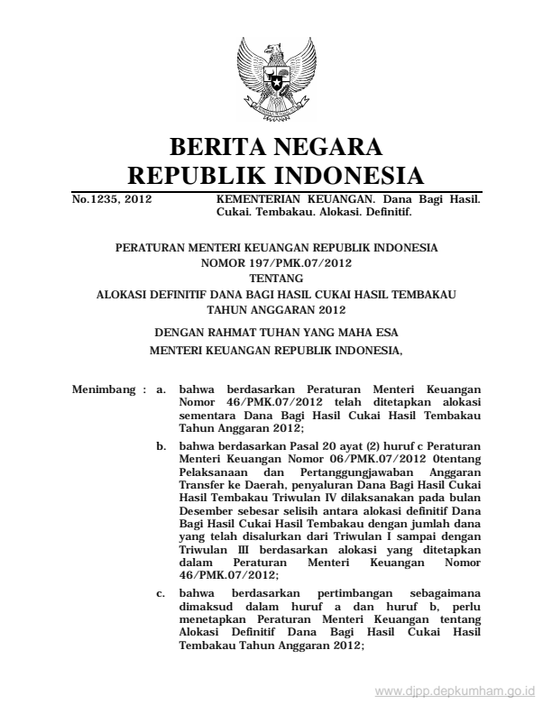 Peraturan Menteri Keuangan Nomor 197/PMK.07/2012