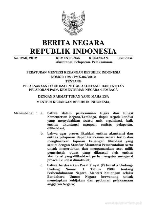 Peraturan Menteri Keuangan Nomor 198/PMK.05/2012