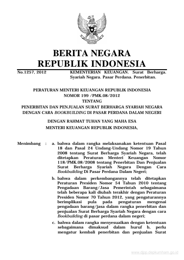 Peraturan Menteri Keuangan Nomor 199/PMK.08/2012