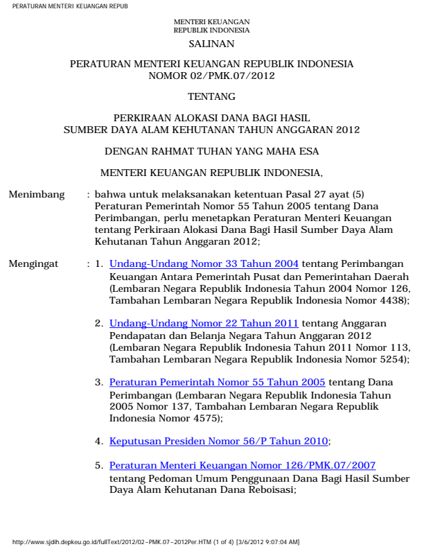 Peraturan Menteri Keuangan Nomor 02/PMK.07/2012