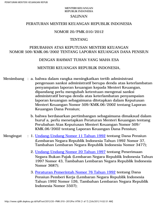 Peraturan Menteri Keuangan Nomor 20/PMK.010/2012