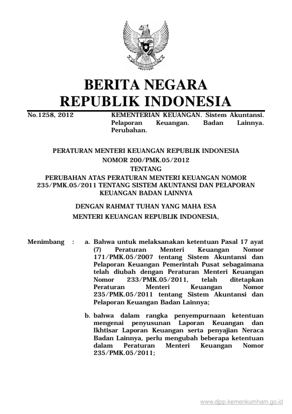 Peraturan Menteri Keuangan Nomor 200/PMK.05/2012