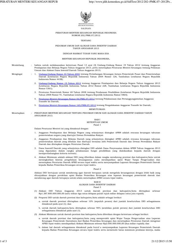 Peraturan Menteri Keuangan Nomor 202/PMK.07/2012
