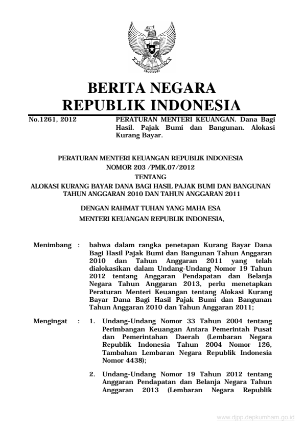 Peraturan Menteri Keuangan Nomor 203/PMK.07/2012