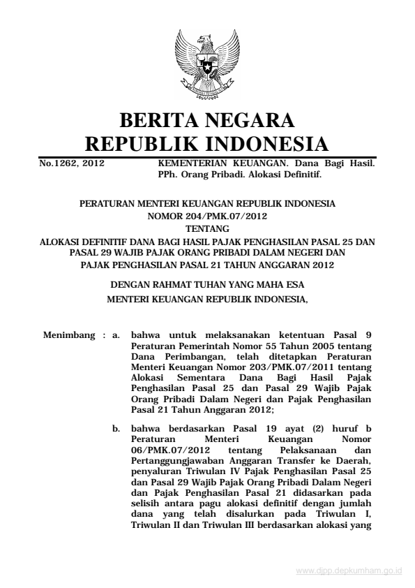 Peraturan Menteri Keuangan Nomor 204/PMK.07/2012