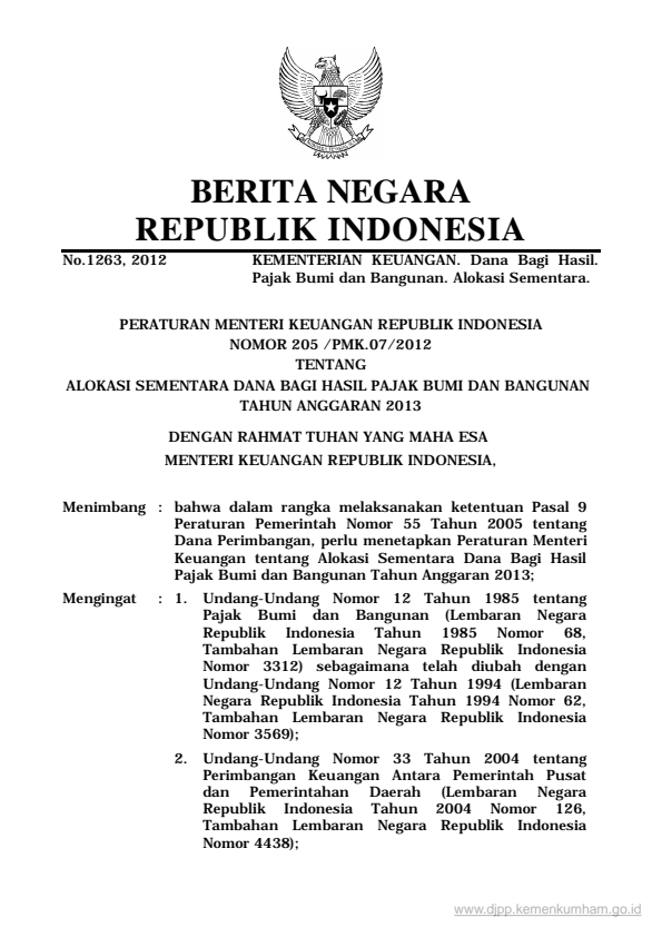 Peraturan Menteri Keuangan Nomor 205/PMK.07/2012