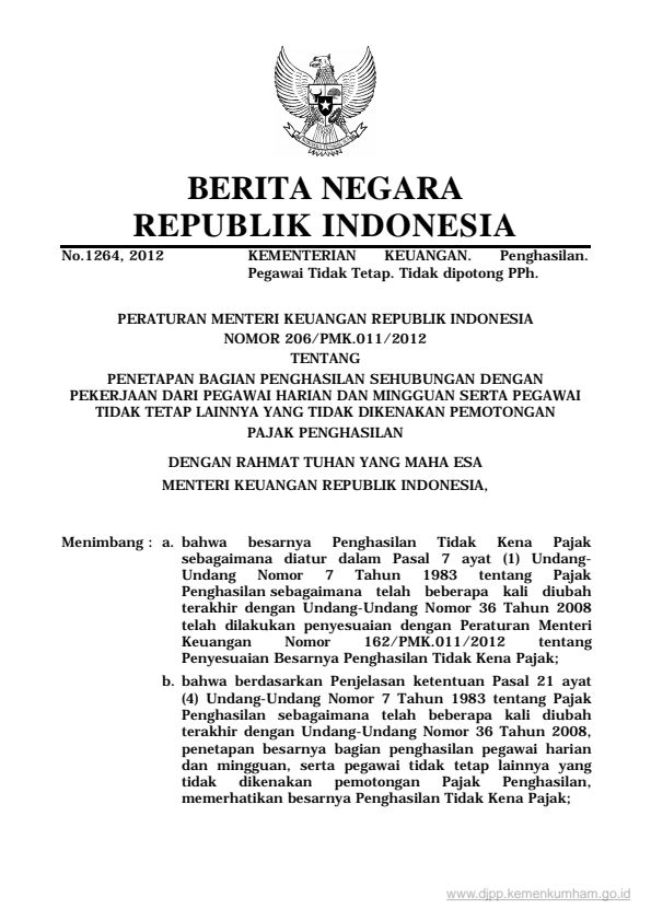 Peraturan Menteri Keuangan Nomor 206/PMK.011/2012