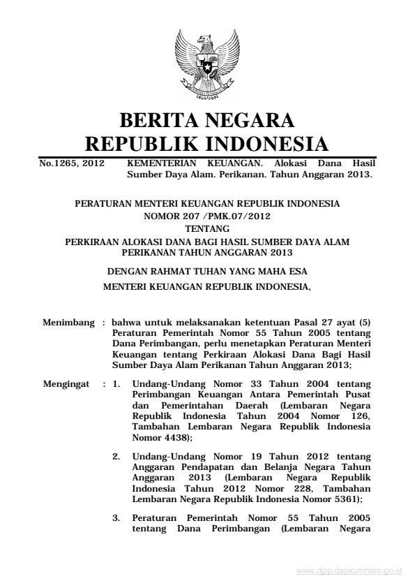 Peraturan Menteri Keuangan Nomor 207/PMK.07/2012
