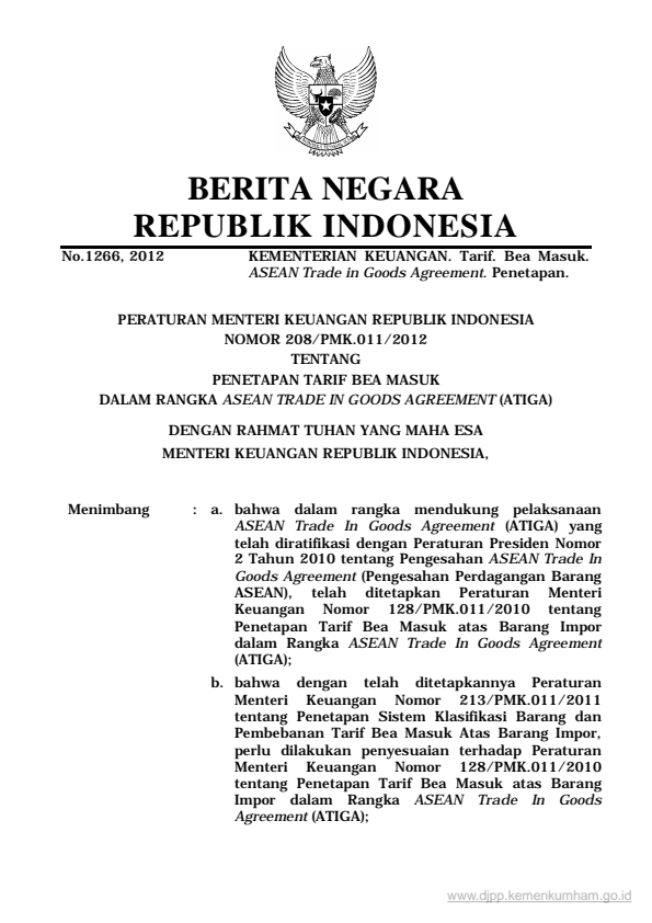 Peraturan Menteri Keuangan Nomor 208/PMK.011/2012