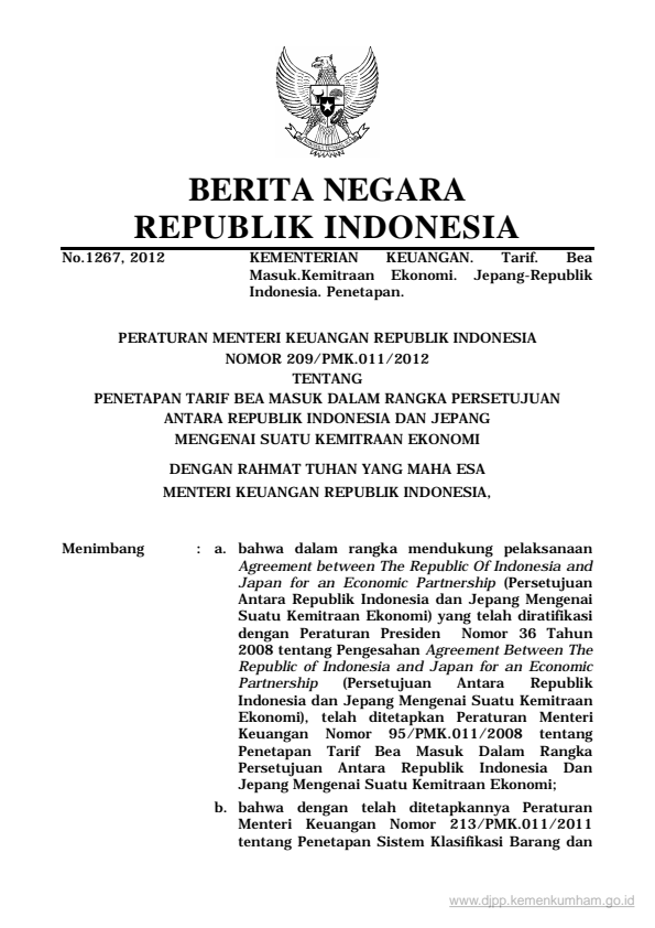 Peraturan Menteri Keuangan Nomor 209/PMK.011/2012