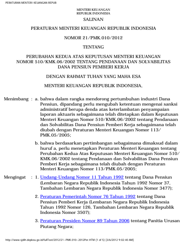 Peraturan Menteri Keuangan Nomor 21/PMK.010/2012