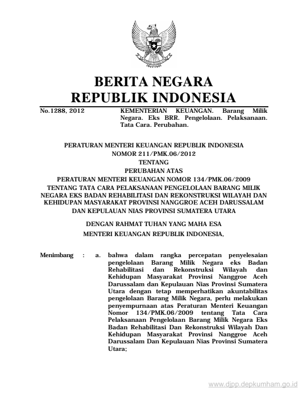 Peraturan Menteri Keuangan Nomor 211/PMK.06/2012