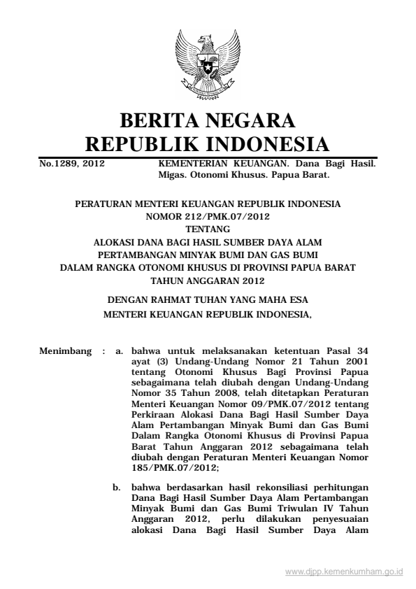 Peraturan Menteri Keuangan Nomor 212/PMK.07/2012