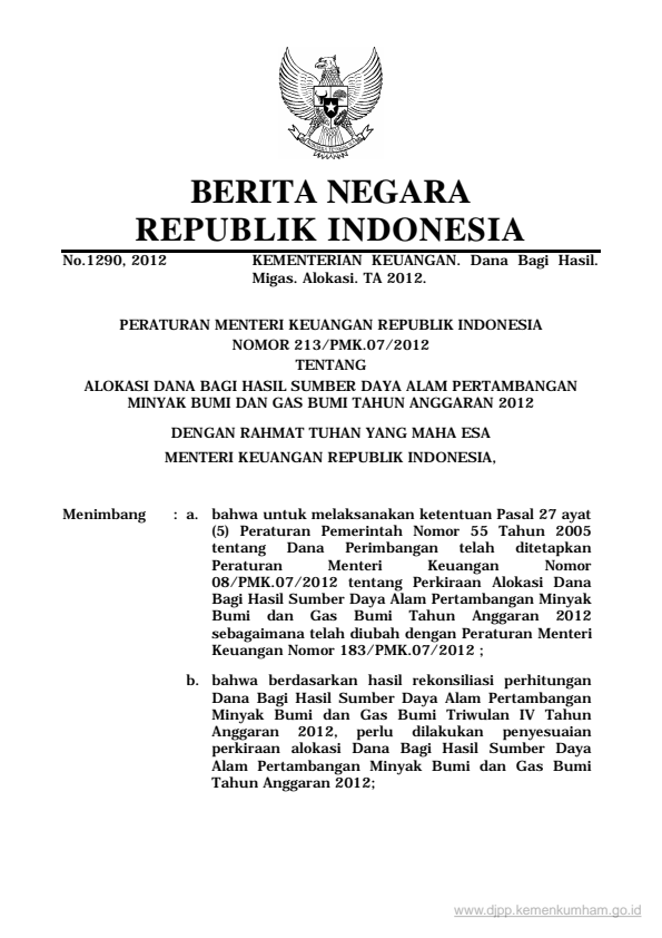 Peraturan Menteri Keuangan Nomor 213/PMK.07/2012