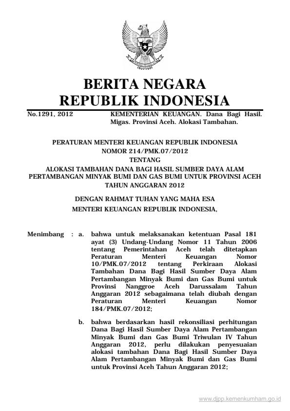 Peraturan Menteri Keuangan Nomor 214/PMK.07/2012