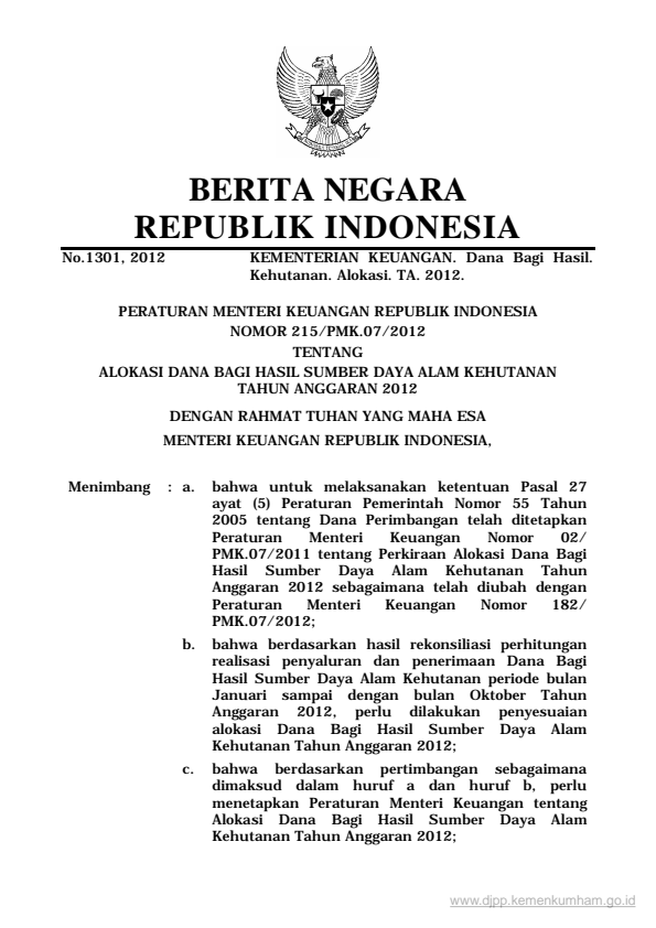 Peraturan Menteri Keuangan Nomor 215/PMK.07/2012