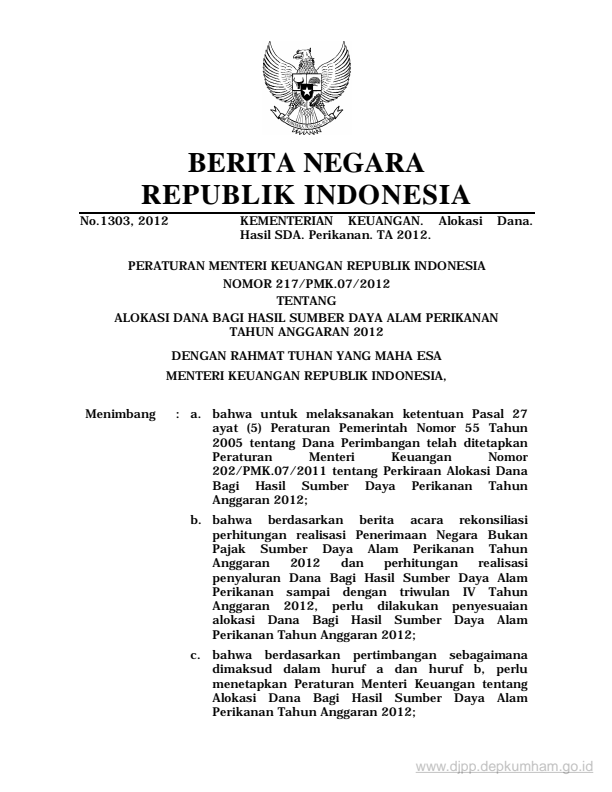 Peraturan Menteri Keuangan Nomor 217/PMK.07/2012