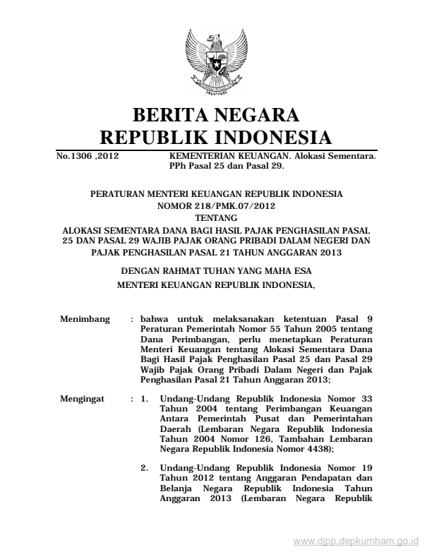 Peraturan Menteri Keuangan Nomor 218/PMK.07/2012