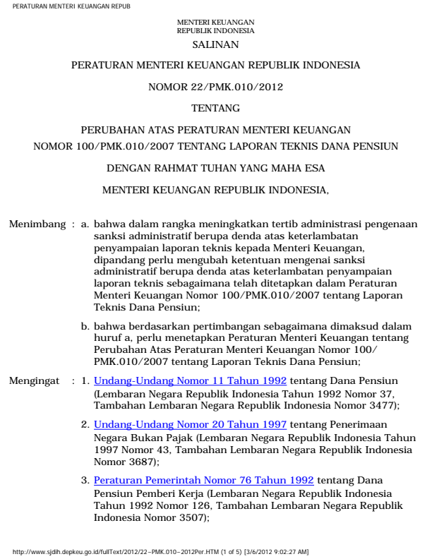 Peraturan Menteri Keuangan Nomor 22/PMK.010/2012