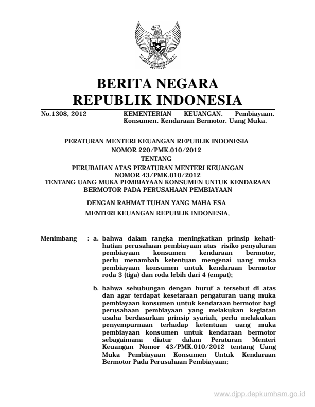 Peraturan Menteri Keuangan Nomor 220/PMK.010/2012