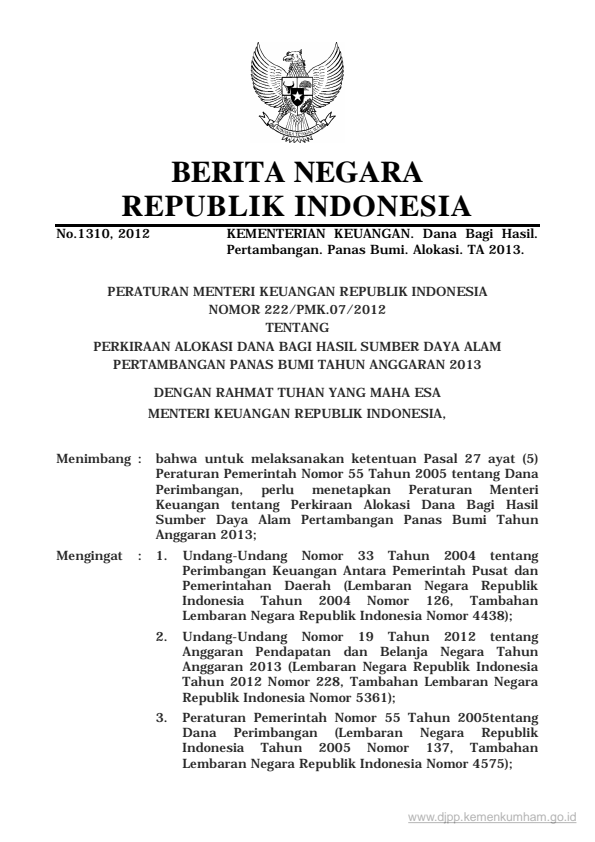Peraturan Menteri Keuangan Nomor 222/PMK.07/2012