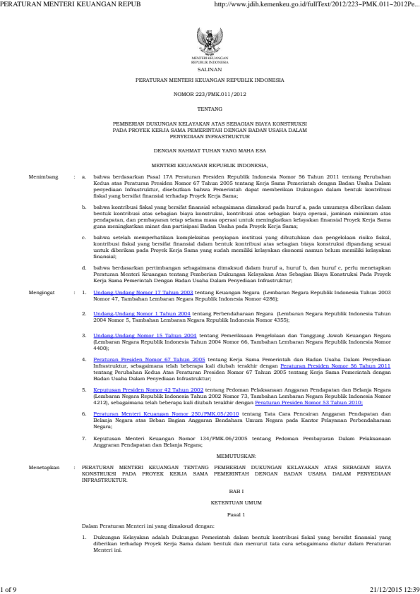 Peraturan Menteri Keuangan Nomor 223/PMK.011/2012