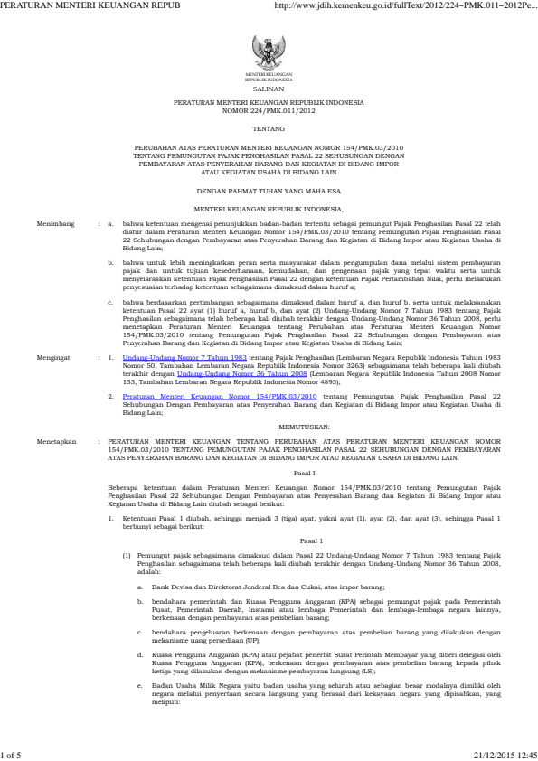 Peraturan Menteri Keuangan Nomor 224/PMK.011/2012