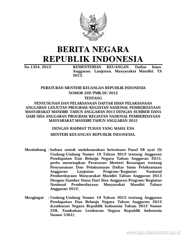 Peraturan Menteri Keuangan Nomor 229/PMK.02/2012