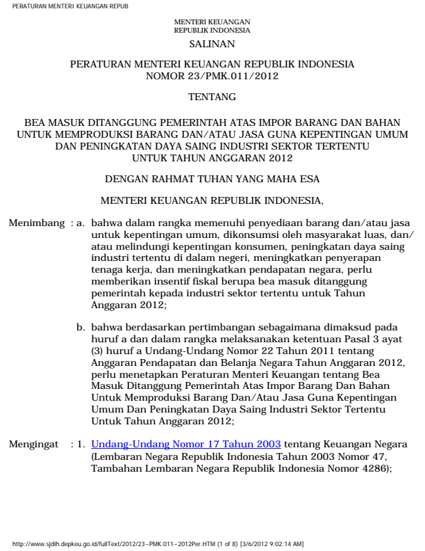 Peraturan Menteri Keuangan Nomor 23/PMK.011/2012