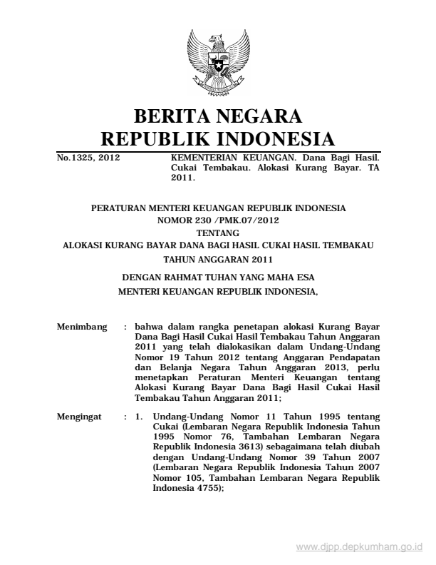 Peraturan Menteri Keuangan Nomor 230/PMK.07/2012