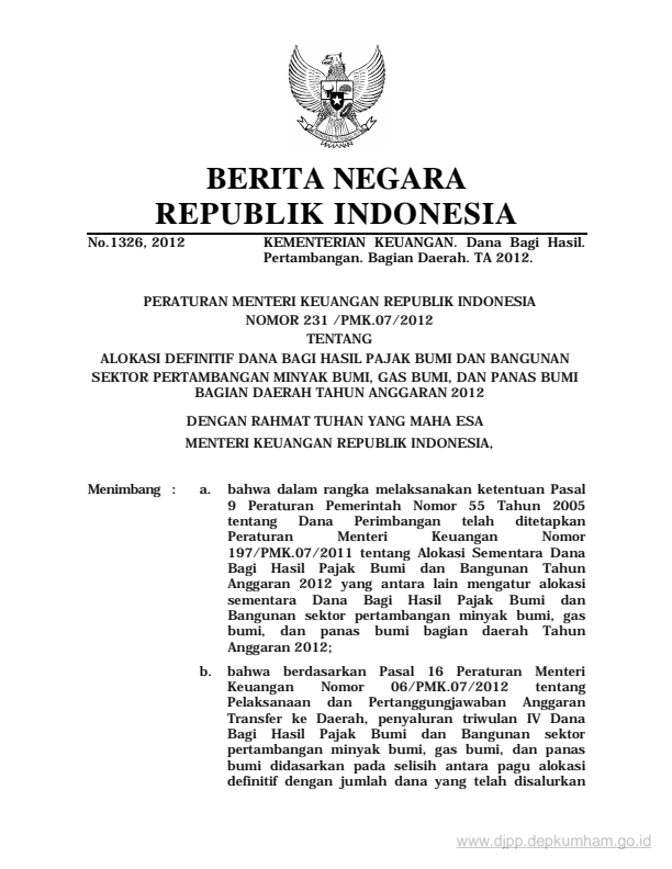 Peraturan Menteri Keuangan Nomor 231/PMK.07/2012