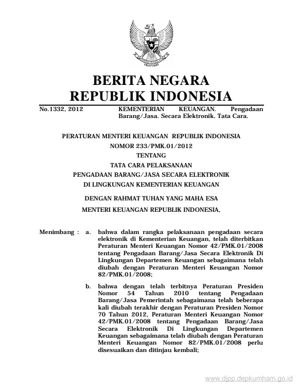 Peraturan Menteri Keuangan Nomor 233/PMK.01/2012