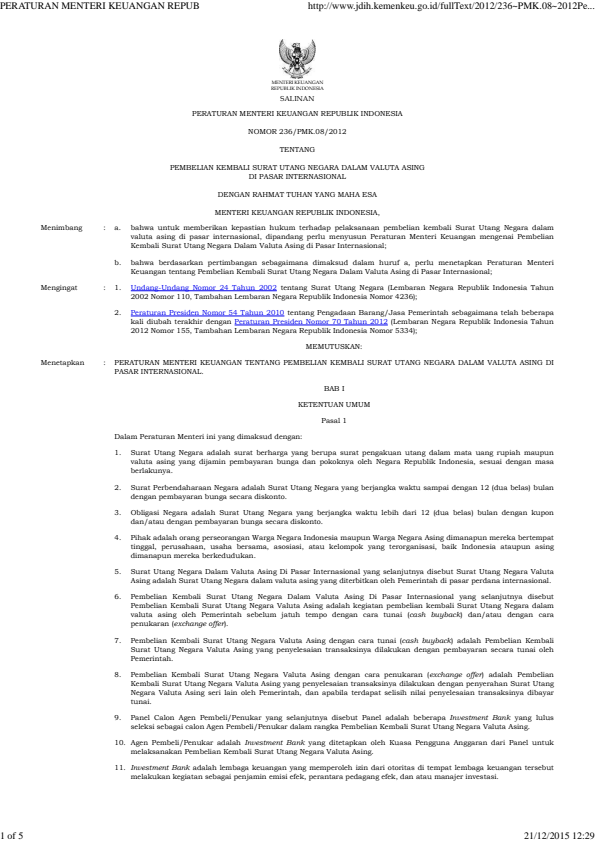 Peraturan Menteri Keuangan Nomor 236/PMK.08/2012