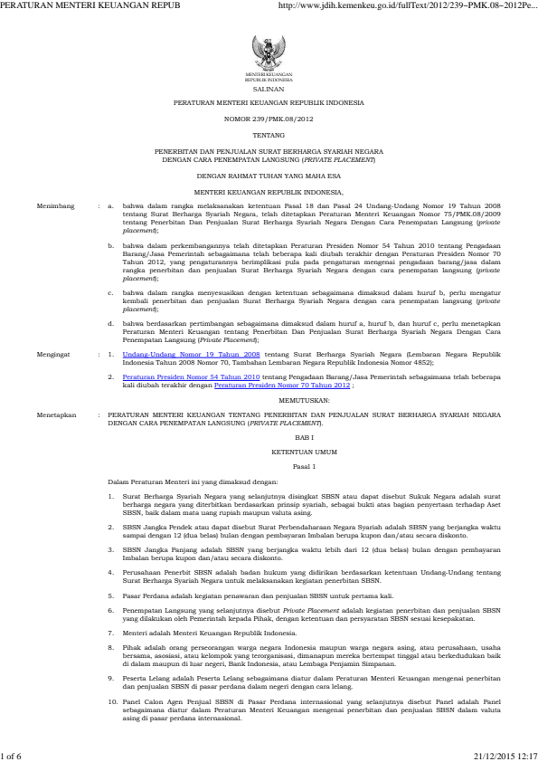 Peraturan Menteri Keuangan Nomor 239/PMK.08/2012