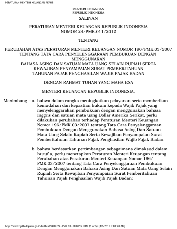 Peraturan Menteri Keuangan Nomor 24/PMK.011/2012