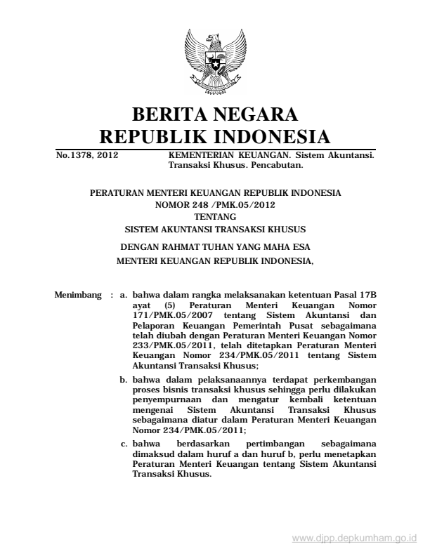 Peraturan Menteri Keuangan Nomor 248/PMK.05/2012