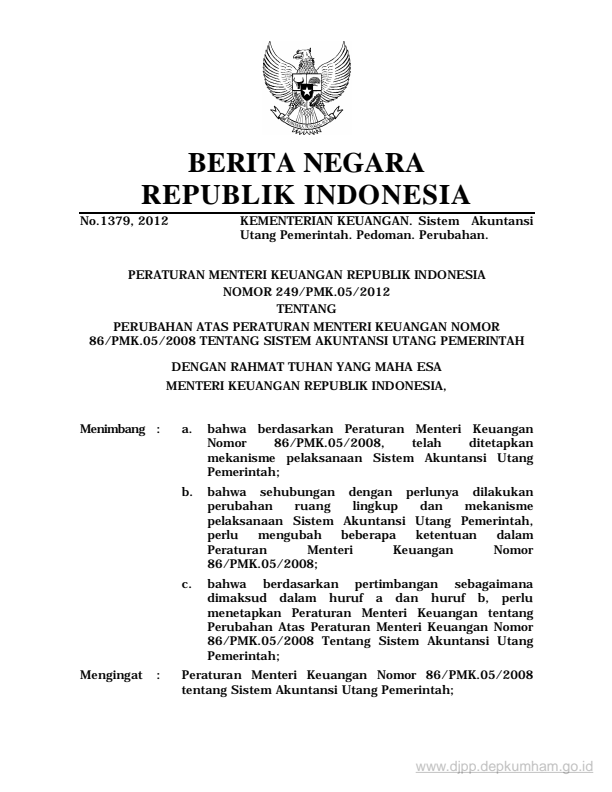 Peraturan Menteri Keuangan Nomor 249/PMK.05/2012